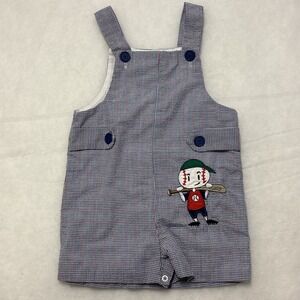 Vintage Boys Size 3T Seersucker Baseball Plaid Romper Shortall Red/Blue